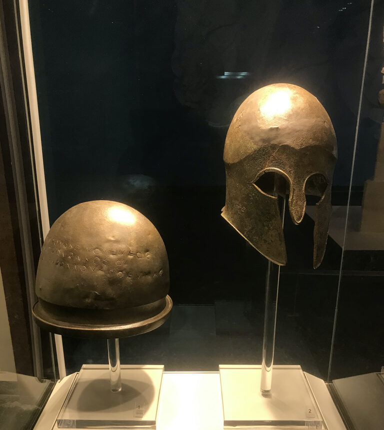 Bronze helmets from Olympia, inscribed by the victors (‘Hieron, the son of Deinomeneus, and the Syracusans, to Zeus from the Tyrrhenians at Cyme’)